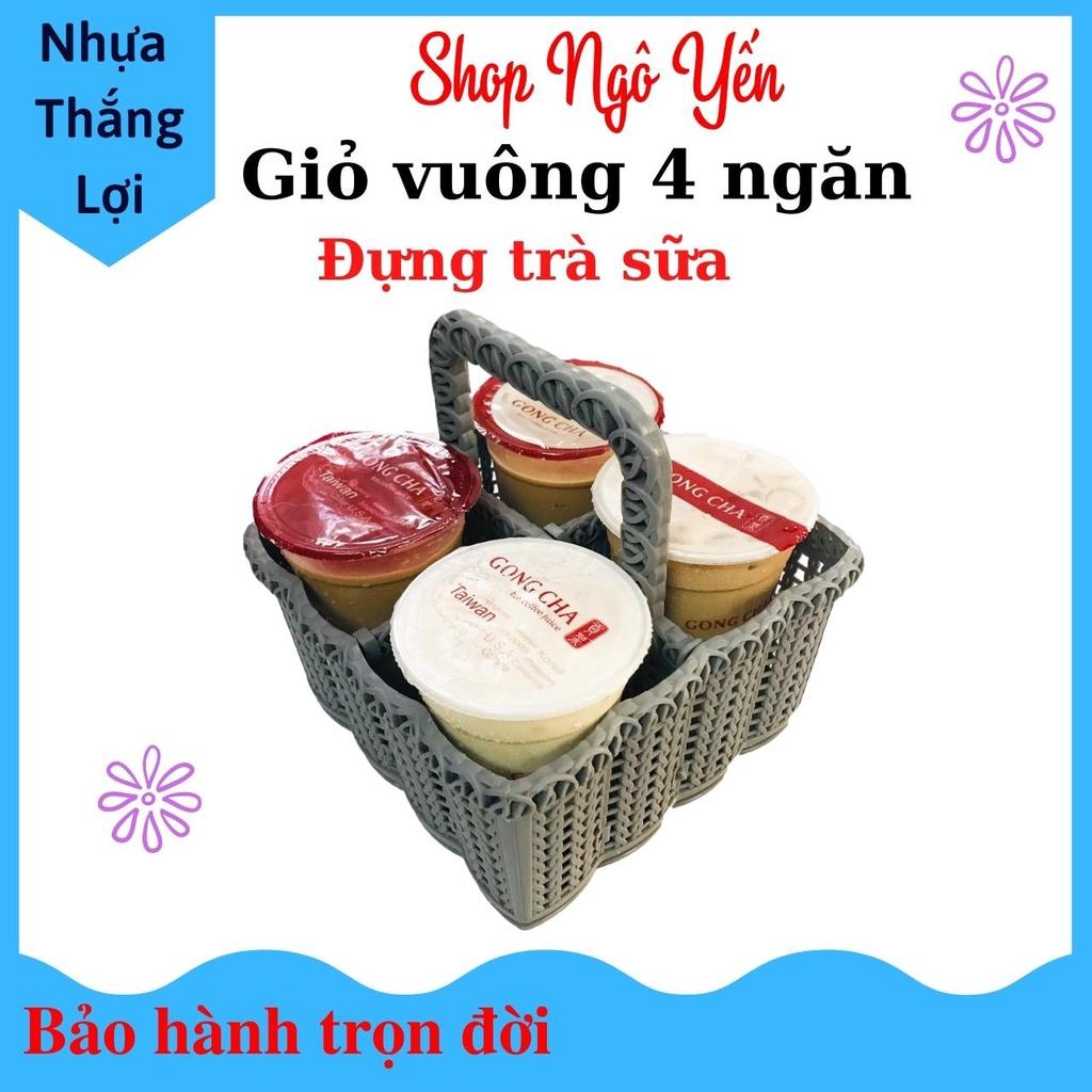 Giỏ nhựa vuông 4 ngăn rổ nhựa có quai xách đựng cafe, trà sữa mang đi, đựng hũ gia vị