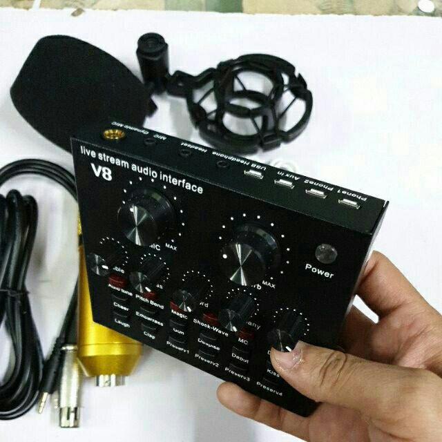 Bộ livestream THU ÂM SOUND CARD V8 mic BM900 bluetooth có AUTOTUNE