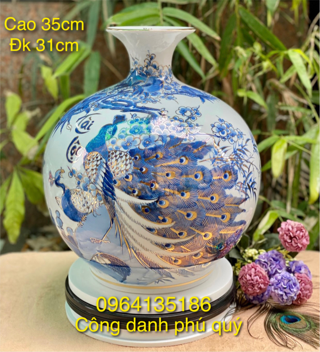 Bình hút tài lộc phong thuỷ vẽ vàng công danh phú quý h35cm gốm sứ Bát Tràng
