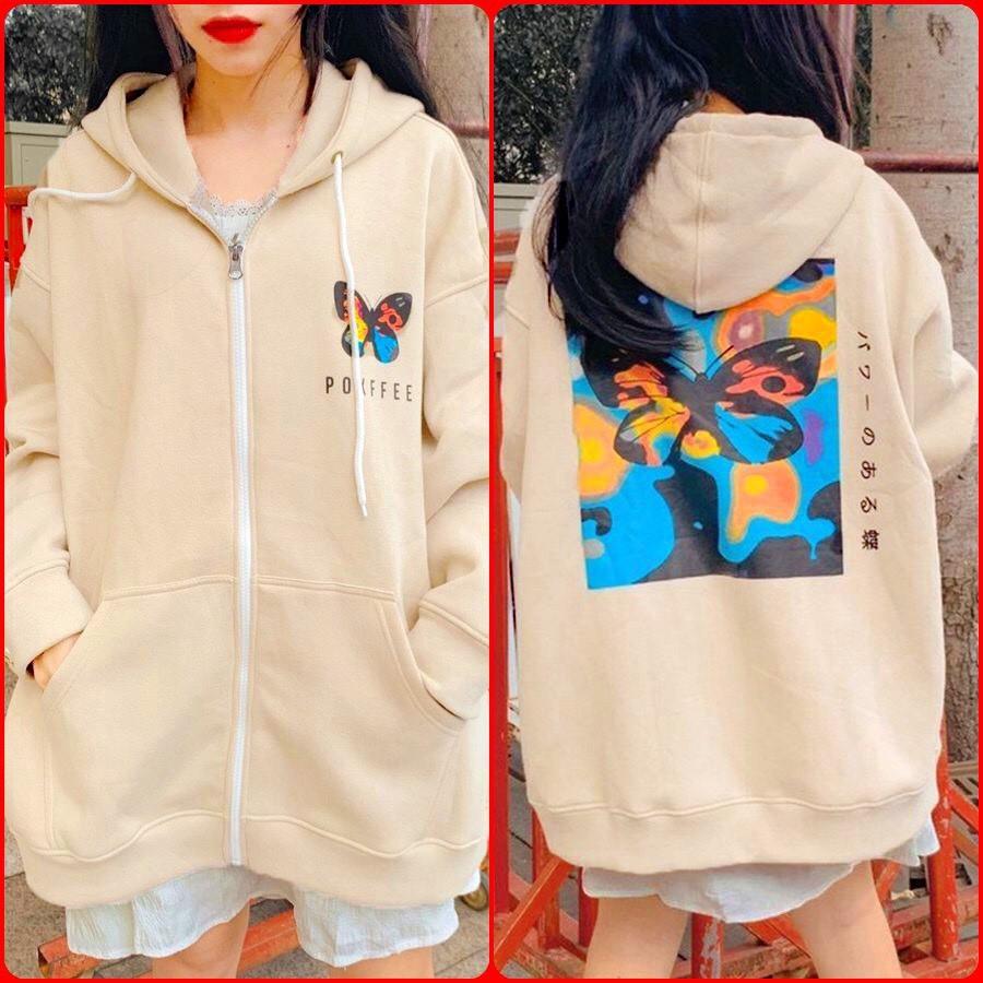 Áo hoodie bướm Poxffee unisex form rộng có dây kéo chất nỉ bông chống nắng tốt SmileZ