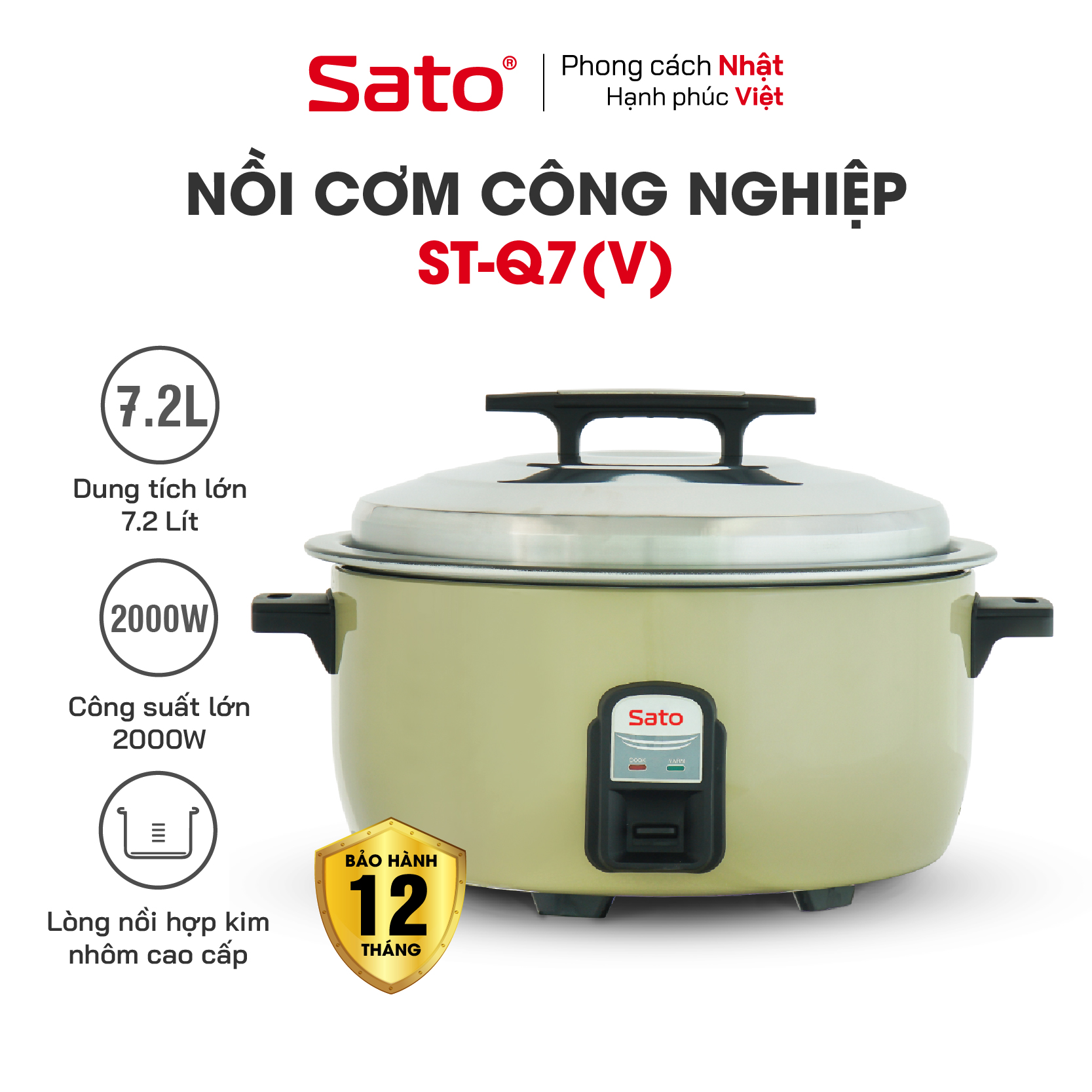 Nồi cơm điện công nghiệp SATO Q7 7.2 Lít (Quà tặng: 1 Ấm siêu tốc SATO 1.8L) - Miễn phí vận chuyển toàn quốc -  Hàng Chính Hãng