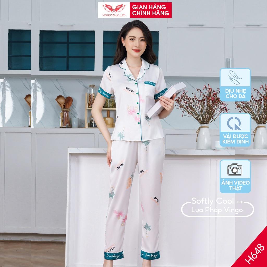 Đồ Bộ Ngủ Nữ Pijama Mặc Nhà VINGO Tay Ngắn Quần Dài Lụa Pháp Cao Cấp In Hoa Hồng Trắng Viền Xanh Đông Xuân H648 VNGO