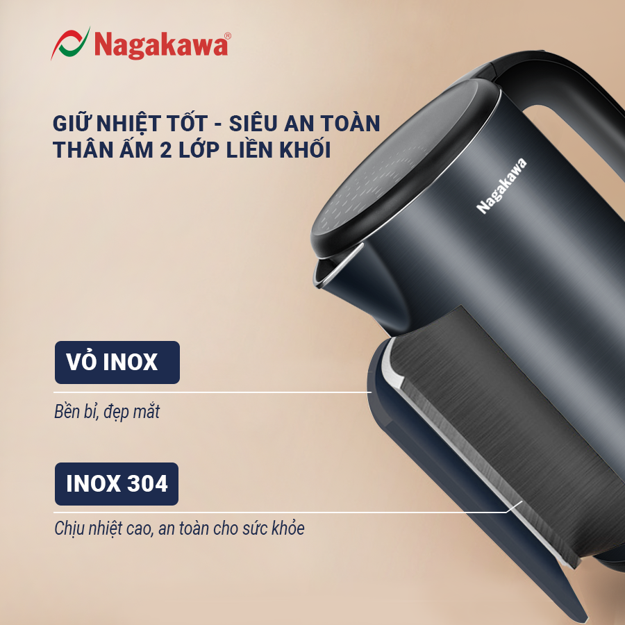 Ấm siêu tốc 2 lớp inox 304 Nagakawa NAG0320 (1.8L - 1800W) - Hàng chính hãng