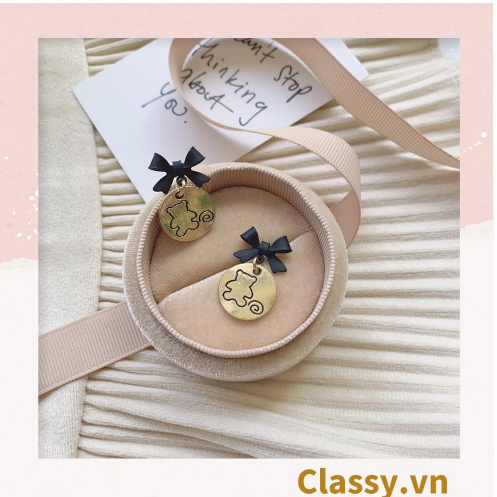 Khuyên tai Bông tai Hoa tai Classy bản tròn họa tiết gấu dễ thương đính nơ hoa tai ánh kim trendy PK1604