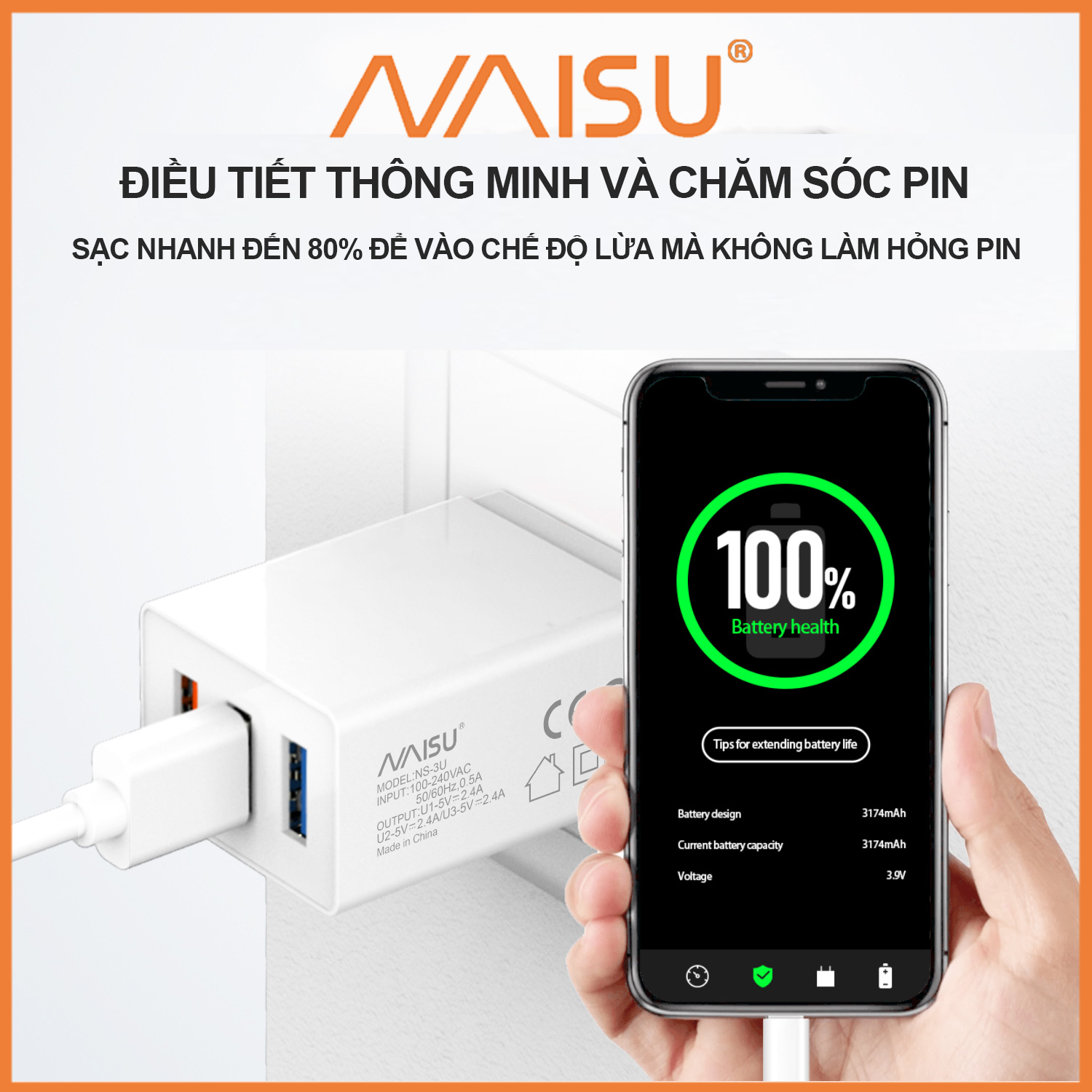 Bộ sạc nhanh, Naisu 3 cổng USB, cáp sạc tùy chọn, hỗ trợ đệm điện thoại IOS Android, NS-3U ID – 1815 - Hàng nhập khẩu