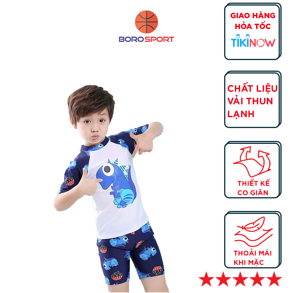 Bộ Đồ Bơi Khủng Long Dành Cho Bé Trai Cao Từ 85cm - 125cm chất vải Polyeste thân thiện với trẻ em, mau khô, thấm hút mồ hôi tốt, thiết kế thời trang bắt mắt - Tặng kèm nón bơi vải cùng màu - L