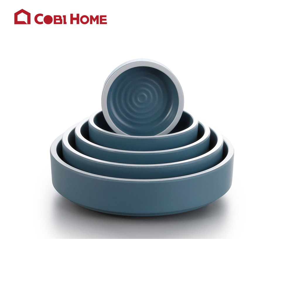 Dĩa tròn bằng melamine cao cấp màu xanh vân trắng sâu lòng