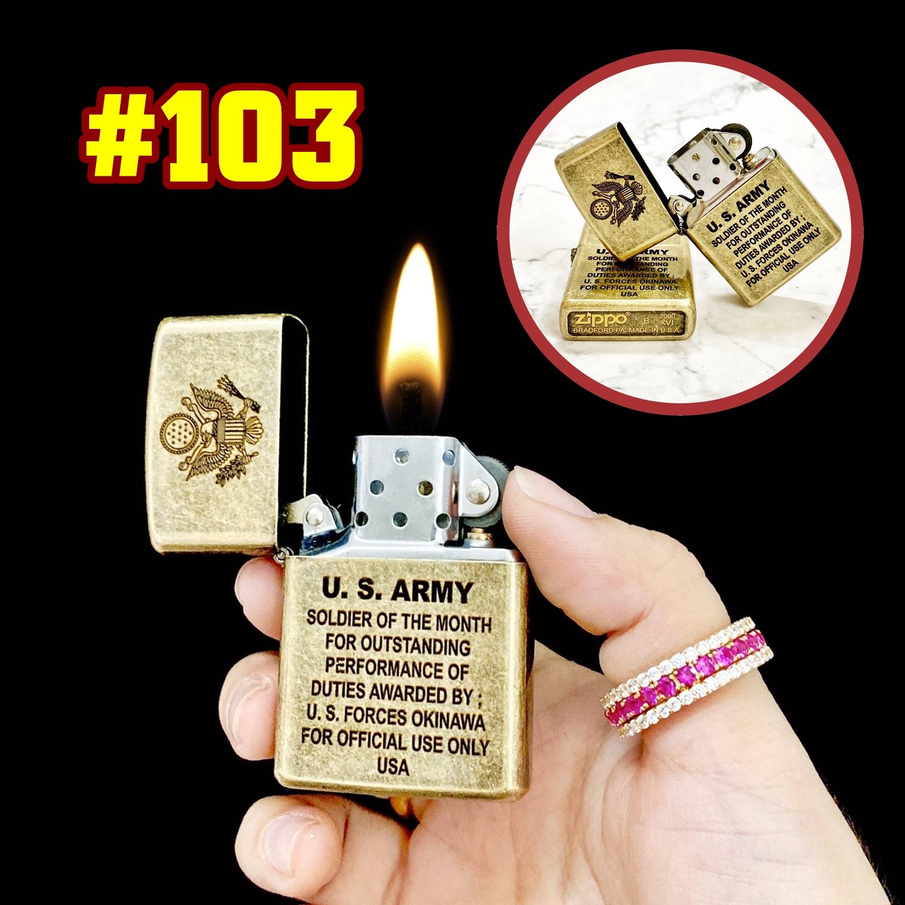 Hộp quẹt bật lửa Zipo vàng cổ U.S Army (Quân đội Mỹ) (có mộc đáy) - (hộp thiếc kèm xăng) H-103