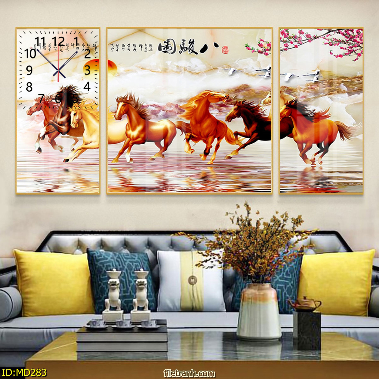 Đồng Hồ Trang Trí Bộ 3 Bức Tám Con Ngựa Phi Tài Lộc, Vượng Khí Cho Gia Chủ - Tranh Đồng Hồ Cho Người Tuổi Ngọ Phong Thủy