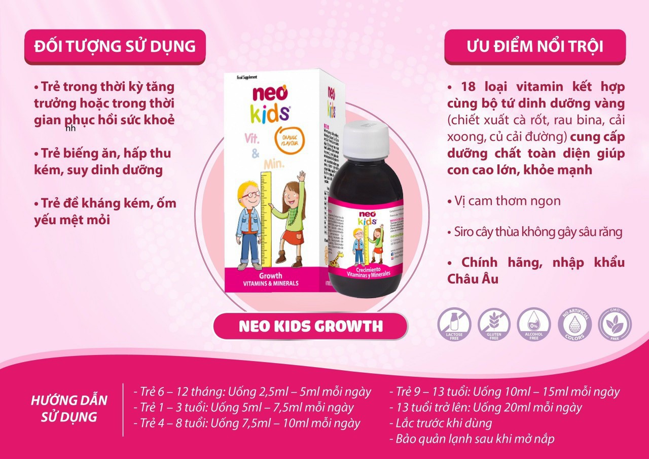 Siro NEO KIDS Growth - Vị Cam Thơm Ngon - Nhập Khẩu Từ Châu Âu - Hỗ Trợ Trẻ Biếng Ăn, Hấp Thu Kém, Suy Dinh Dưỡng