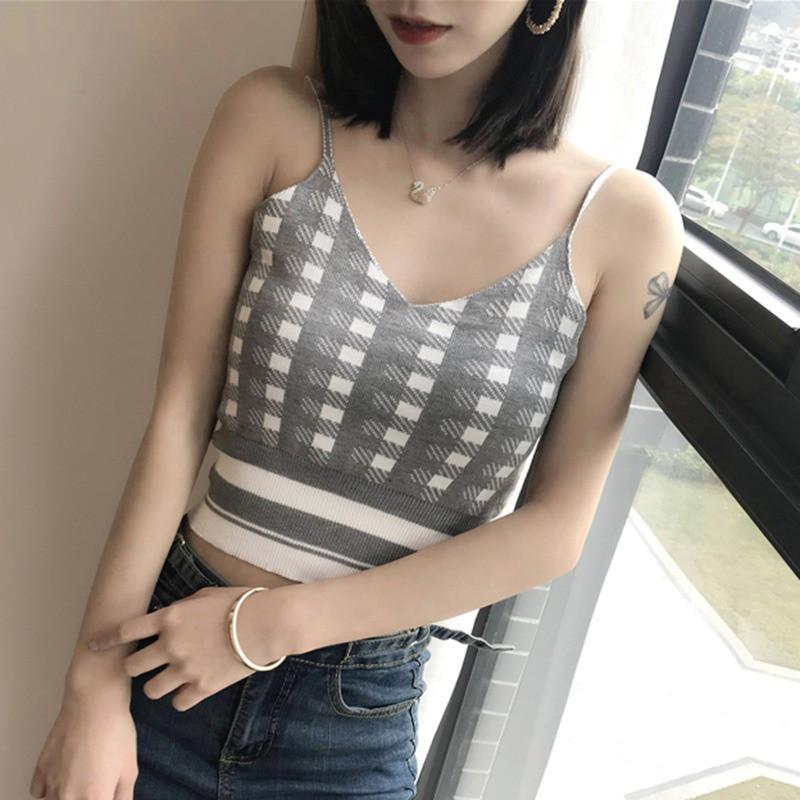 Áo dệt kim nữ cổ chữ V sát nách gợi cảm