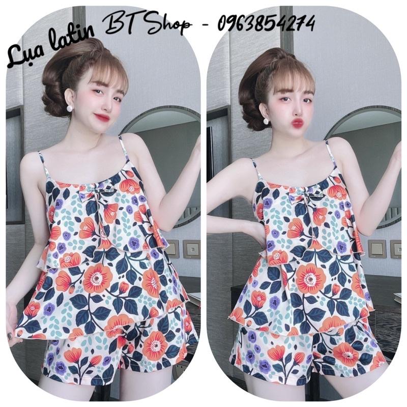 Đồ ngủ mặc nhà lụa latin 2 dây đùi hoạ tiết freesize 42-57kg
