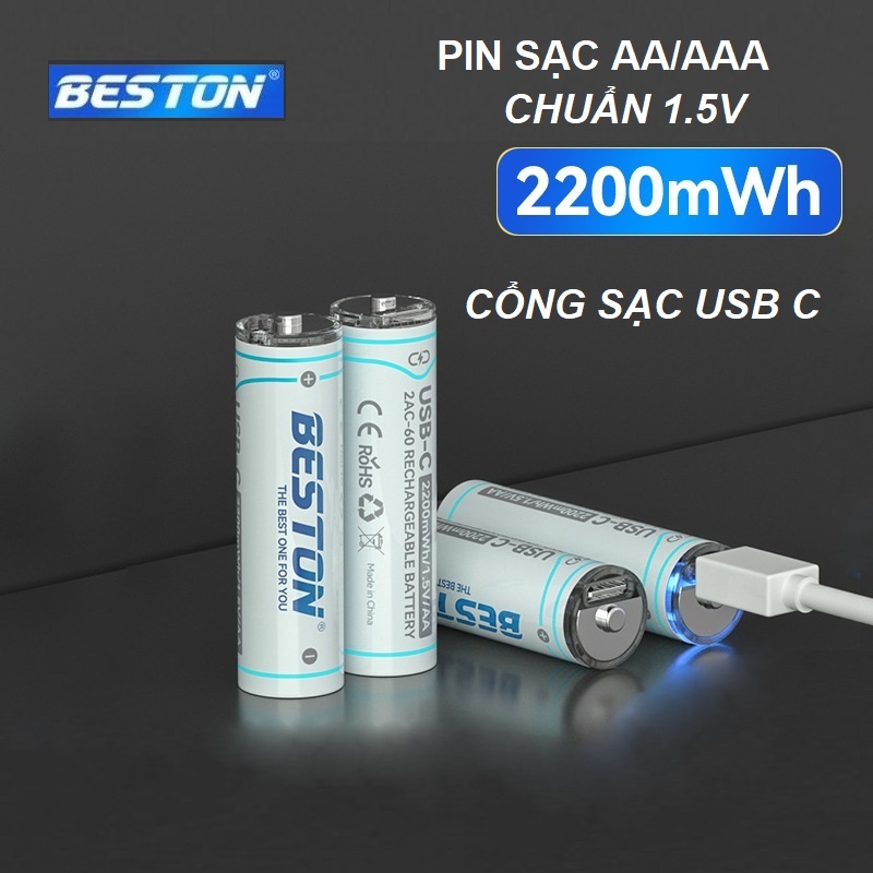 Vỉ 4 Pin sạc AA AAA chuẩn 1.5V Beston Dung lượng cao đến 2200mWh sạc trực tiếp qua cổng USB type-C dùng cho micro, đồ chơi, đồng hồ, máy ảnh - hàng nhập khẩu