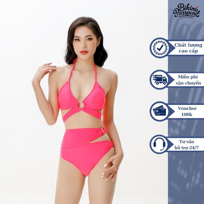 Đồ bơi nữ BIKINI PASSPORT kiểu hai mảnh áo chéo dây đính khoen - màu Hồng - BS383_PK