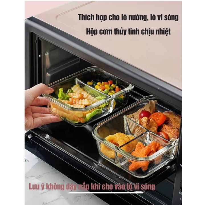 Hộp Thủy Tinh 3 Ngăn - Nắp Chống Tràn - Hộp Cơm Văn Phòng Đựng Thức Ăn Cao Cấp Quay Được Lò Vi Sóng.