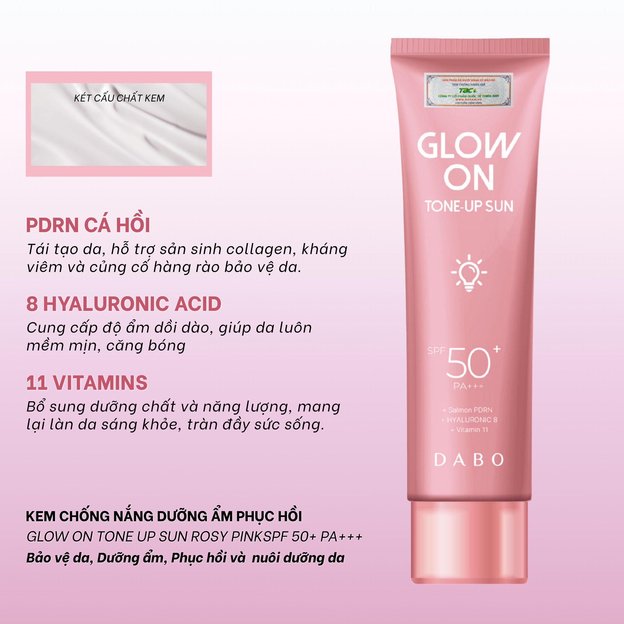 KEM CHỐNG NẮNG NÂNG TONE HỒNG CHIẾT XUẤT PDRN CÁ HỒI TRẺ HOÁ DA DABO GLOW ON TONE-UP SUN ROSY PINK SPF50+ PA+++