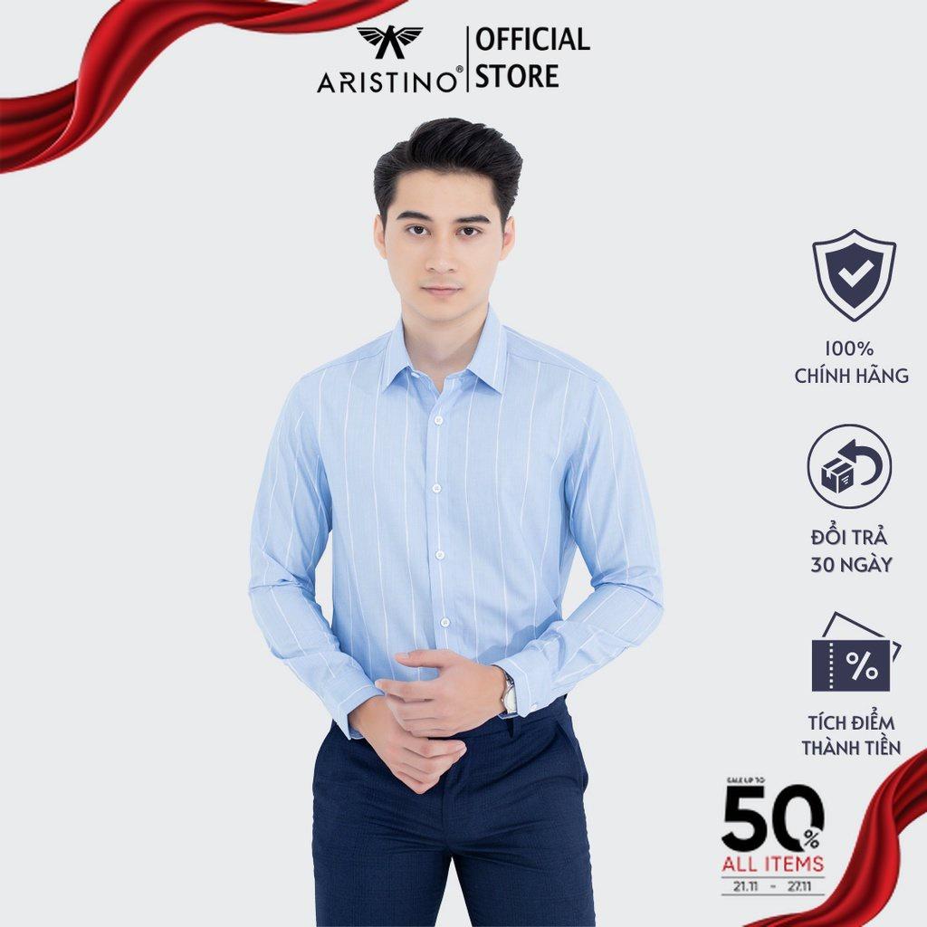 Áo sơ mi nam dài tay ARISTINO dáng Slim fit, họa tiết kẻ sọc xanh trắng tinh tế, nhã nhặn - ALS26901