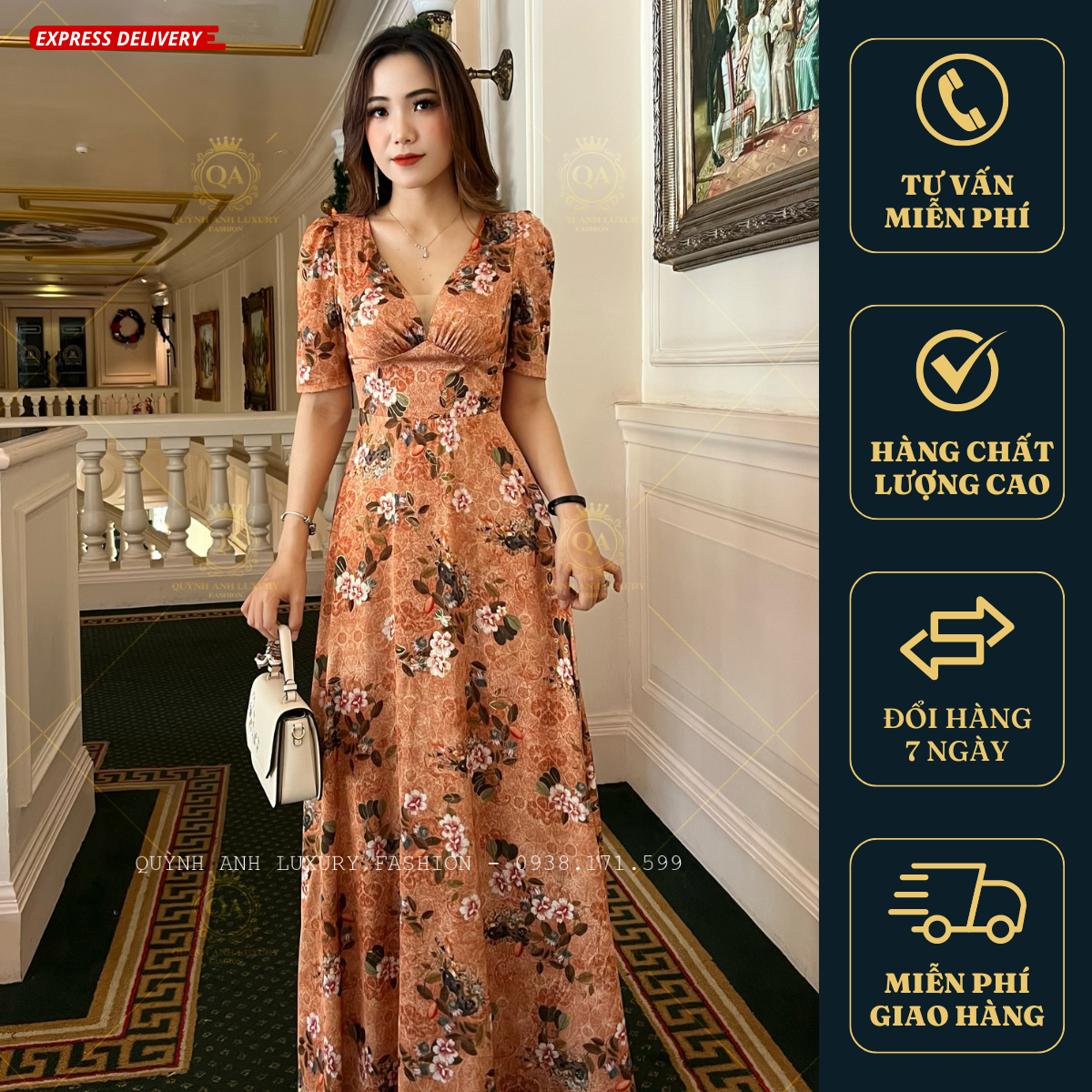 Đầm Xoè Hoa Dáng Dài Tone Nâu Cam Cổ V Phối Lưới Lụa Ánh Kim Cao Cấp Nadia Dress