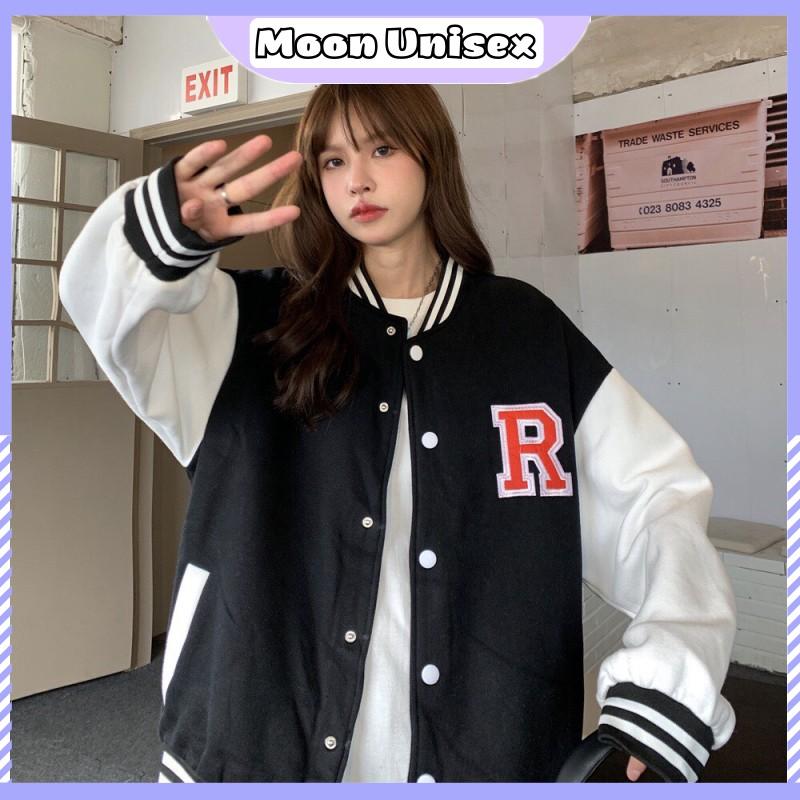 Áo khoác bomber phối tay họa tiết chữ R 2 màu xinh xắn - Moon Unisex