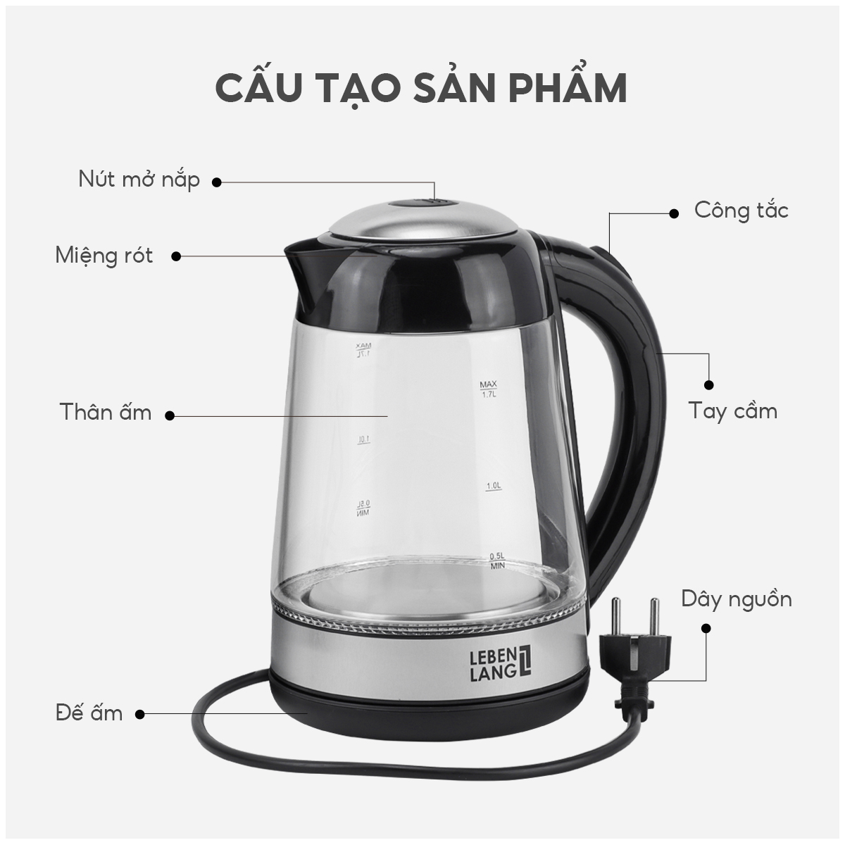 Ấm siêu tốc bình siêu tốc thủy tinh LEBENLANG LBWE9991, 1.7 lít, công suất 2200W - hàng chính hãng