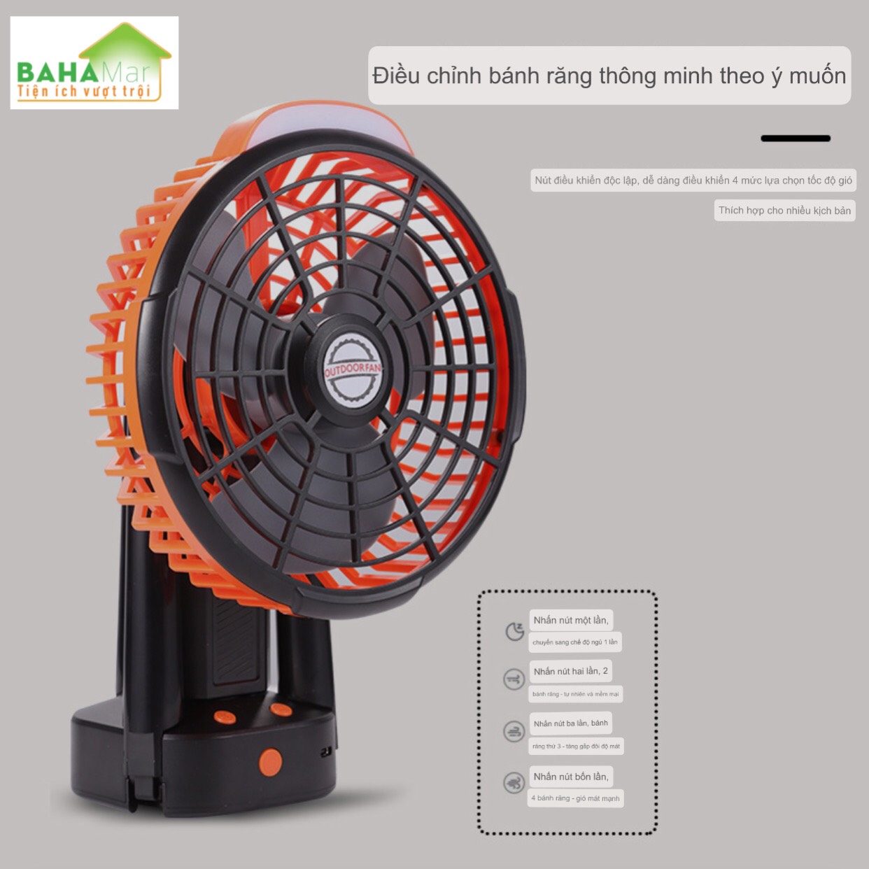 QUẠT GẬP 3 CHÂN KHÔNG CHỔI THAN - QUẠT DÃ NGOẠI ĐA NĂNG GẤP GỌN SẠC USB &quot;BAHAMAR&quot; Quạt được thiết kế hiện đại, đẹp, nhỏ gọn, có chân đế tripod giúp đứng vững hoặc móc treo lều, gập lại được, sử dụng tiện lợi