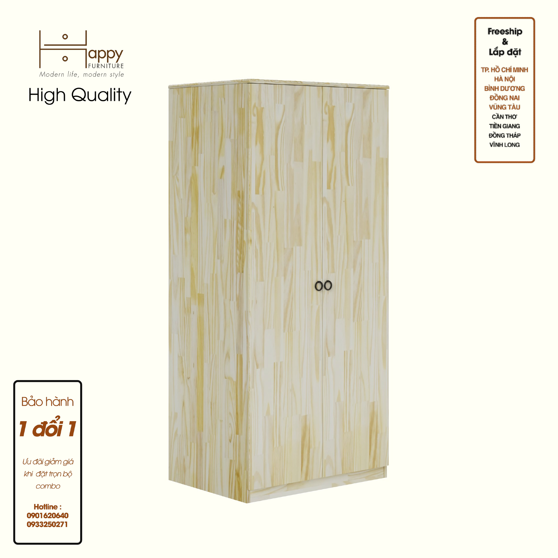HAPPY FURNITURE , Gỗ tự nhiên , Tủ quần áo 2 cửa mở - YANNA , TCM_195 , 80cm x 59cm x 176cm