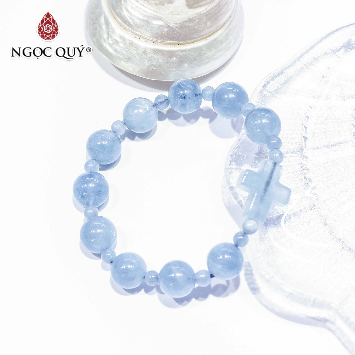 Vòng mân côi đá aquamarine phối charm bạc mệnh thủy, mộc - Ngọc Quý Gemstones