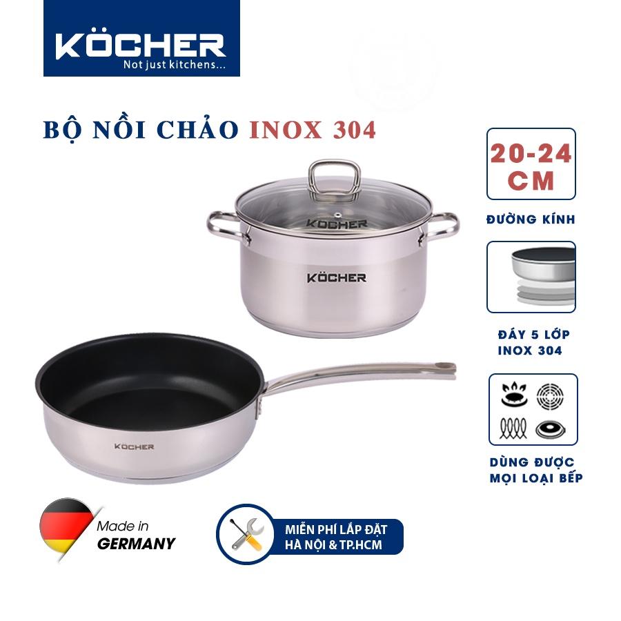 Combo bộ nồi chảo bếp từ cao cấp KOCHER chảo chống dính sâu lòng size 24cm &amp;amp; nồi cao cấp bếp từ size 20cm - Hàng chính hãng