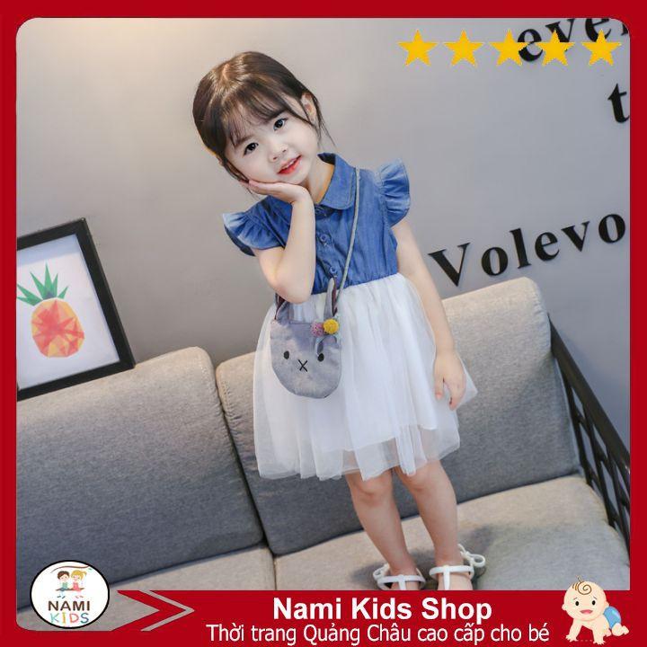 [300:H9] Váy bé gái chất denim phối voan tặng phụ kiện túi thỏ cute cho bé