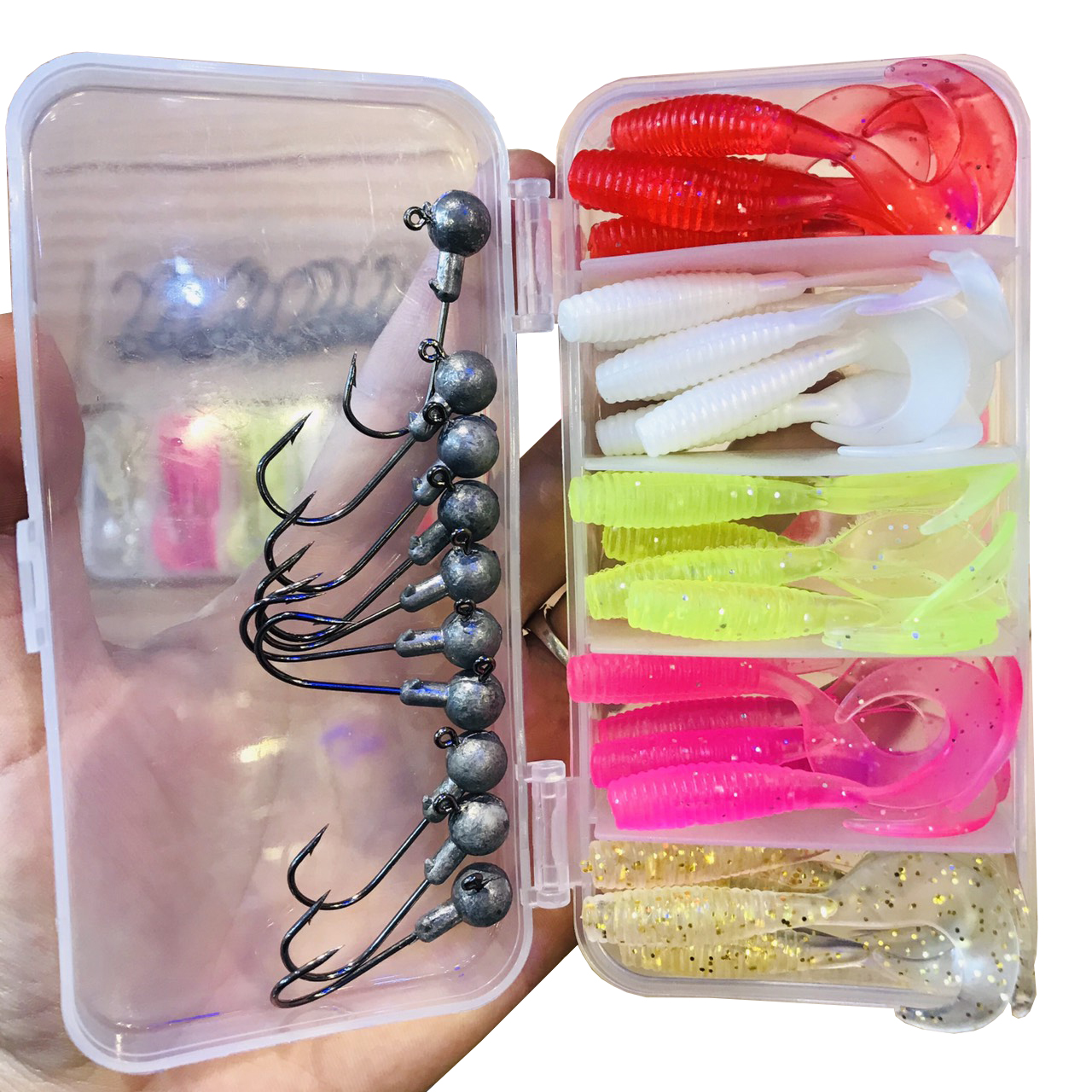 COMBO 10 Lưỡi câu jig head (nặng 5gam)  và 30 mồi giun mềm câu lure dài 5.5cm nặng 2.2gam, mồi câu chìm câu lóc, cá tráp, cá chẽm, câu cá biển, rô phi siêu nhạy