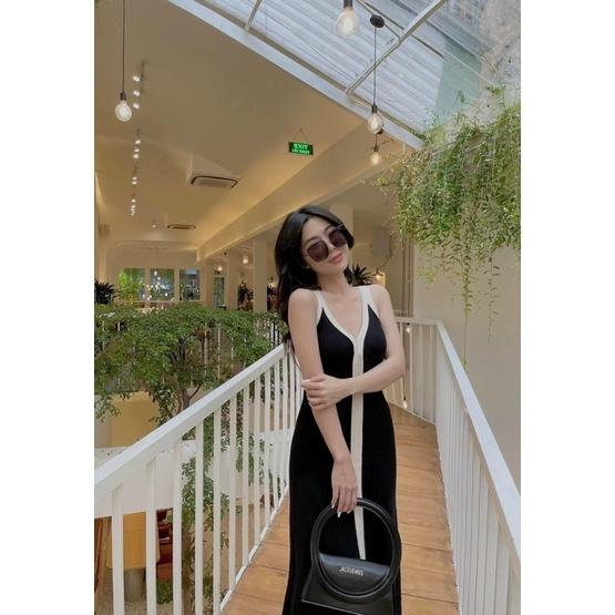 Đầm váy len nữ dệt kim cổ V phom suông phối viền xẻ trước sexy