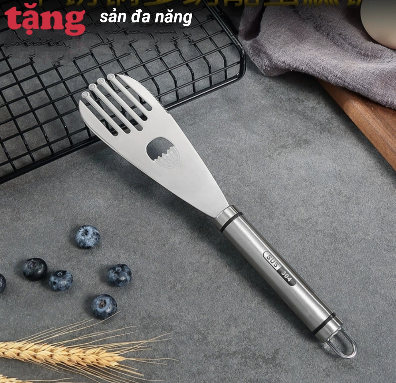 XẺNG XÀO, RÁN, CẮT BÁNH, HOA QUẢ ĐA NĂNG, 5 TÁC DỤNG CÓ CHỮ INOX 304 Ở CÁN