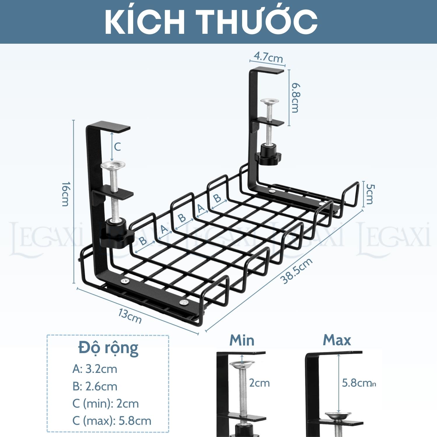 Khay đỡ ổ điện dây điện gắn dưới bàn kệ bằng kim loại thép không cần đục lỗ 38.5x13x16cm Legaxi