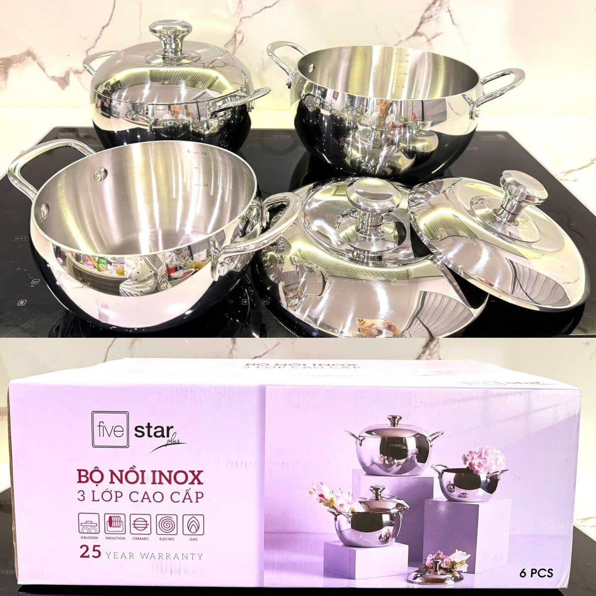Bộ 3 nồi Inox 304 đúc liền 3 lớp hình táo Fivestar Plus FPB3006 size 18/20/24cm - Hàng chính hãng
