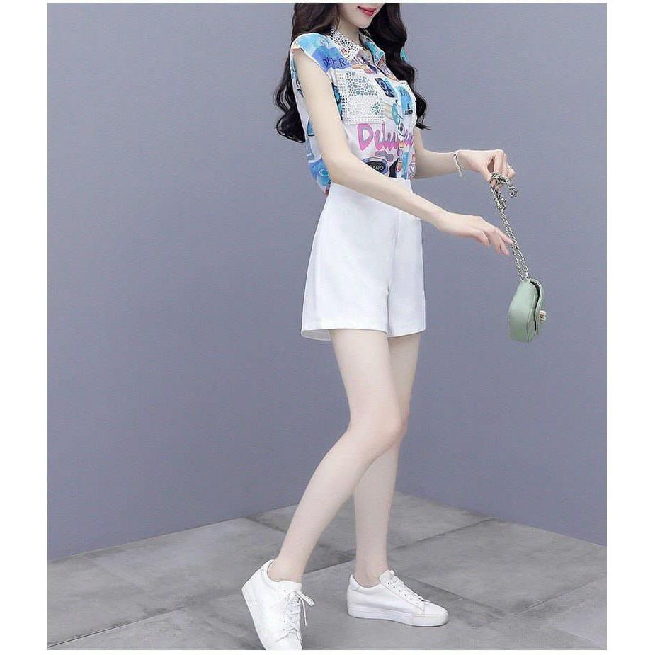 Set bộ quần short áo sơ mi họa tiết phối ren
