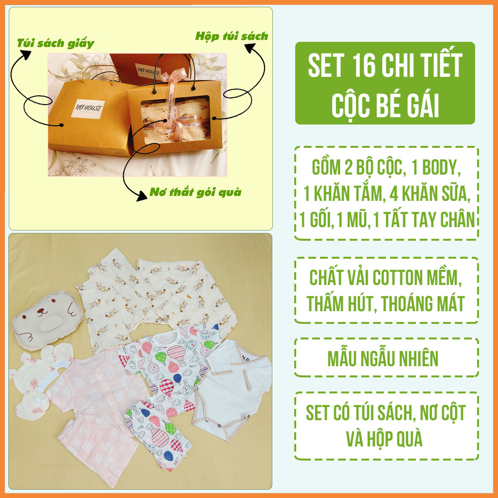 Set Quà Tặng Sơ Sinh Đầy Tháng 16 Chi Tiết Ngắn Tay Cho Bé Gái NB House Kids (Mẫu Ngẫu Nhiên)