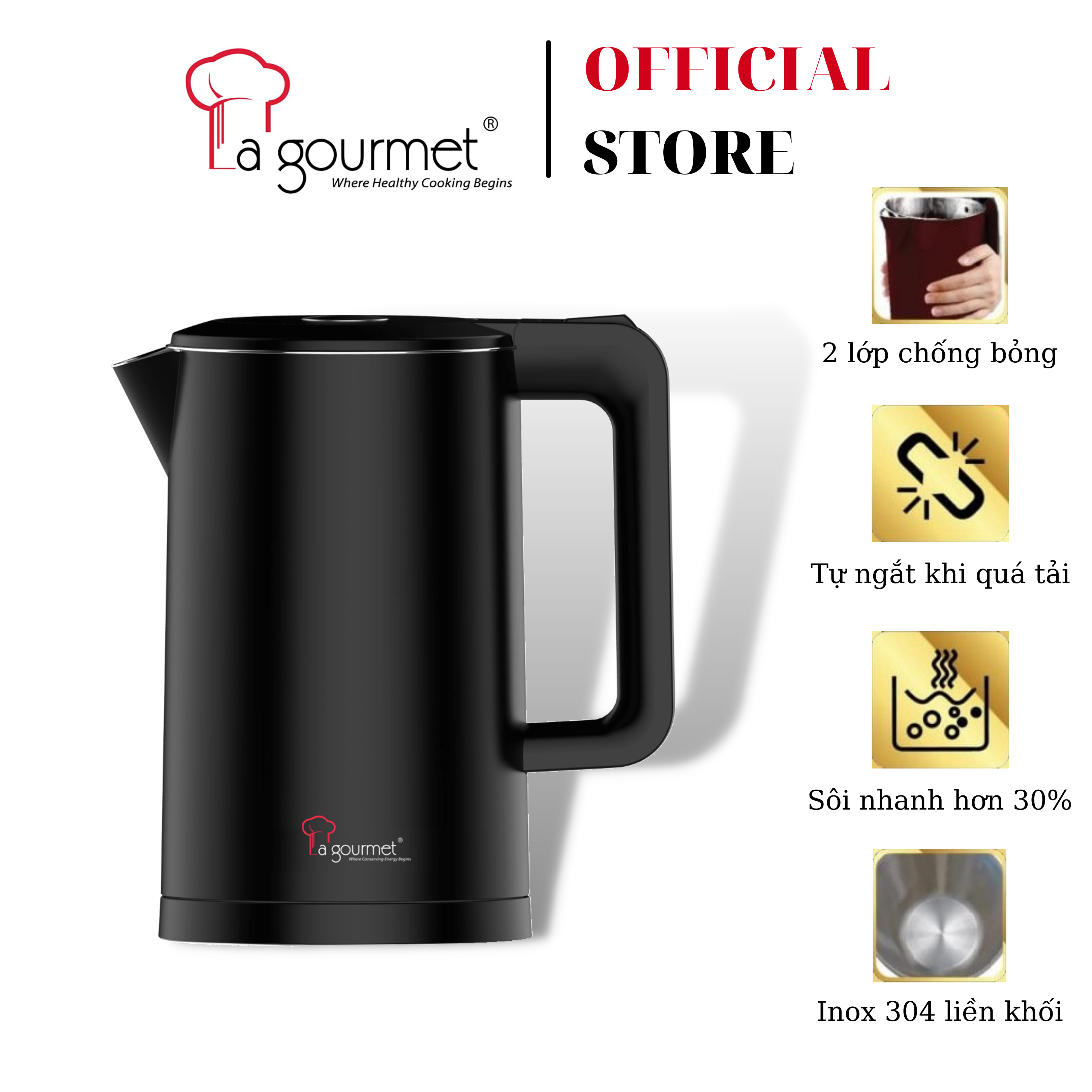 Ấm siêu tốc không vi nhựa cao cấp La gourmet D2818 1.7L Đen 359629 (2 lớp chổng bỏng, bảo hành 1 năm)