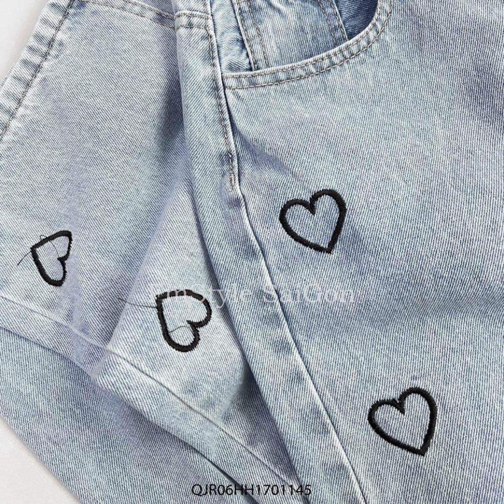 Quần jean nữ FLAKY SHOP cao cấp - Quần jean ống rộng phối hình thêu trái tim bắt mắt hàng chuẩn shop