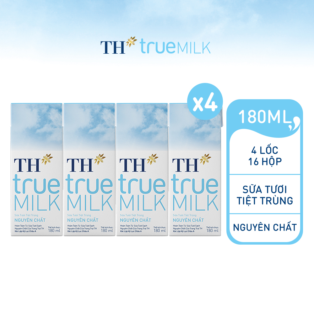 4 Lốc sữa tươi tiệt trùng nguyên chất TH True Milk 180ml