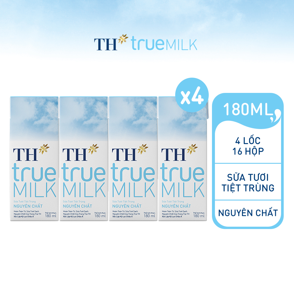 4 Lốc sữa tươi tiệt trùng nguyên chất TH True Milk 180ml (180ml x 4 hộp)