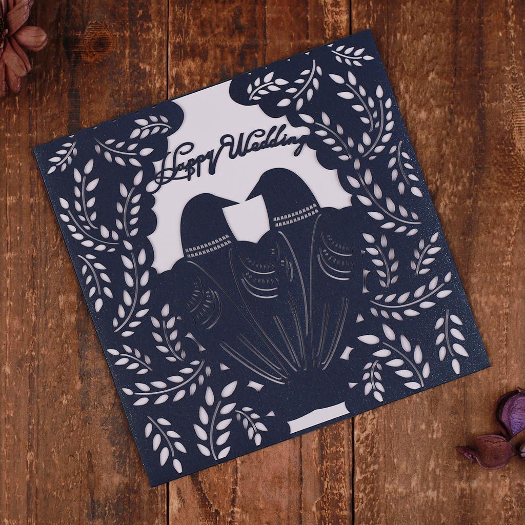 10 Sets Couple Birds Wedding Invitation Cards with Envelopes and Seals Blue
