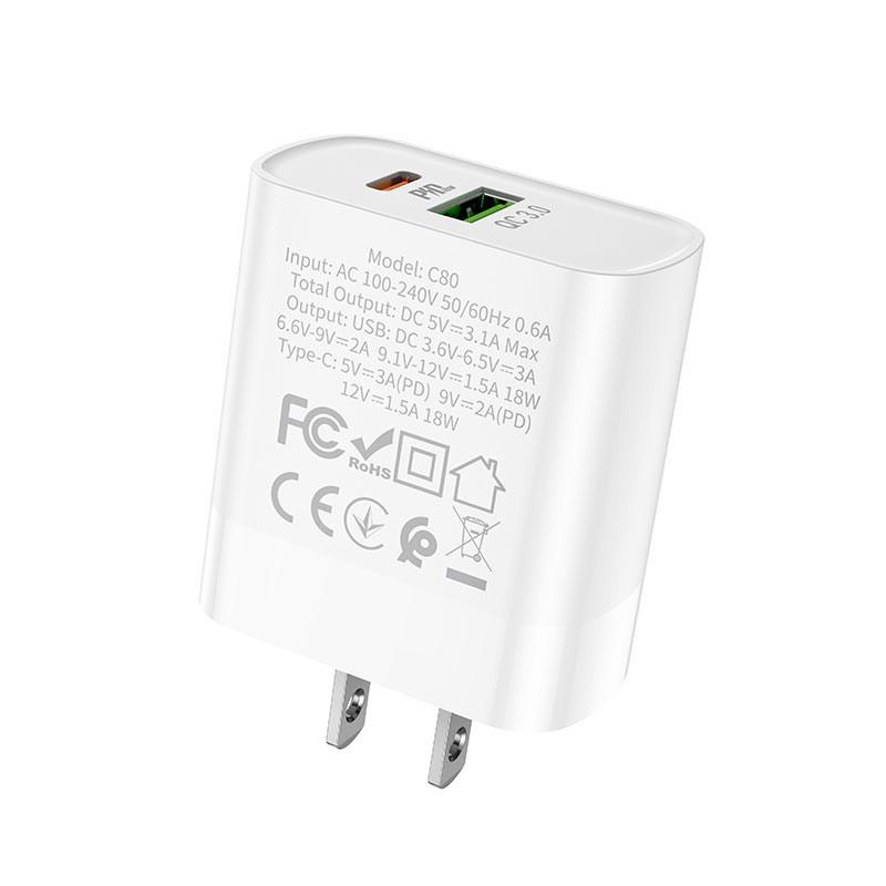 Củ sạc nhanh hoco. C80A – Hàng Chính Hãng 2 cổng 3.1A, PD 20W, Q.C 3.0 hỗ trợ sạc nhanh cho điện thoại