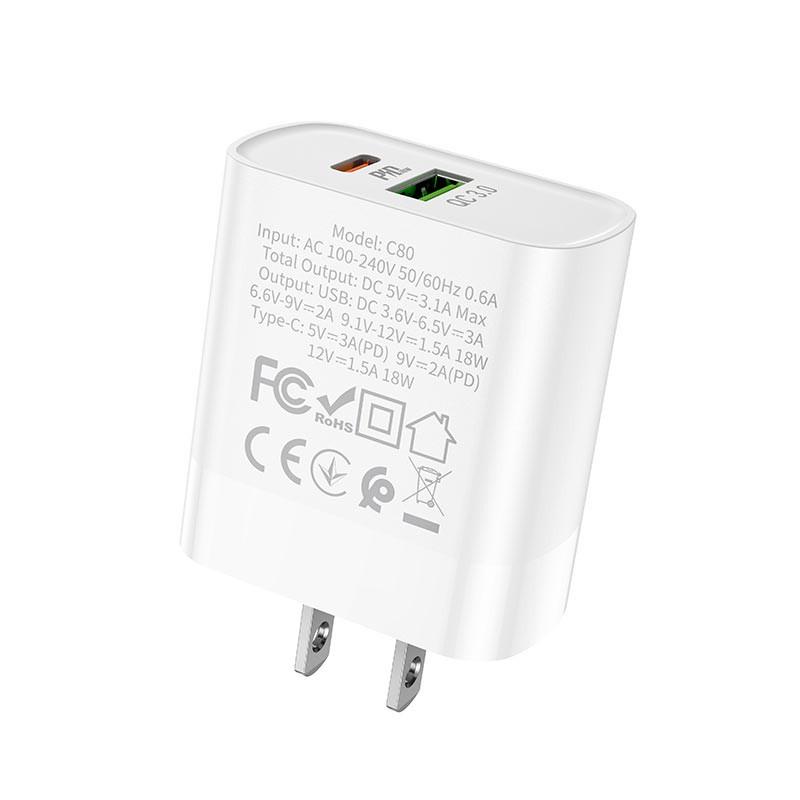 Hình ảnh Củ sạc nhanh hoco. C80A – Hàng Chính Hãng 2 cổng ( USB + Type- C ) 3.1A, PD 20W, Q.C 3.0 hỗ trợ sạc nhanh cho điện thoại