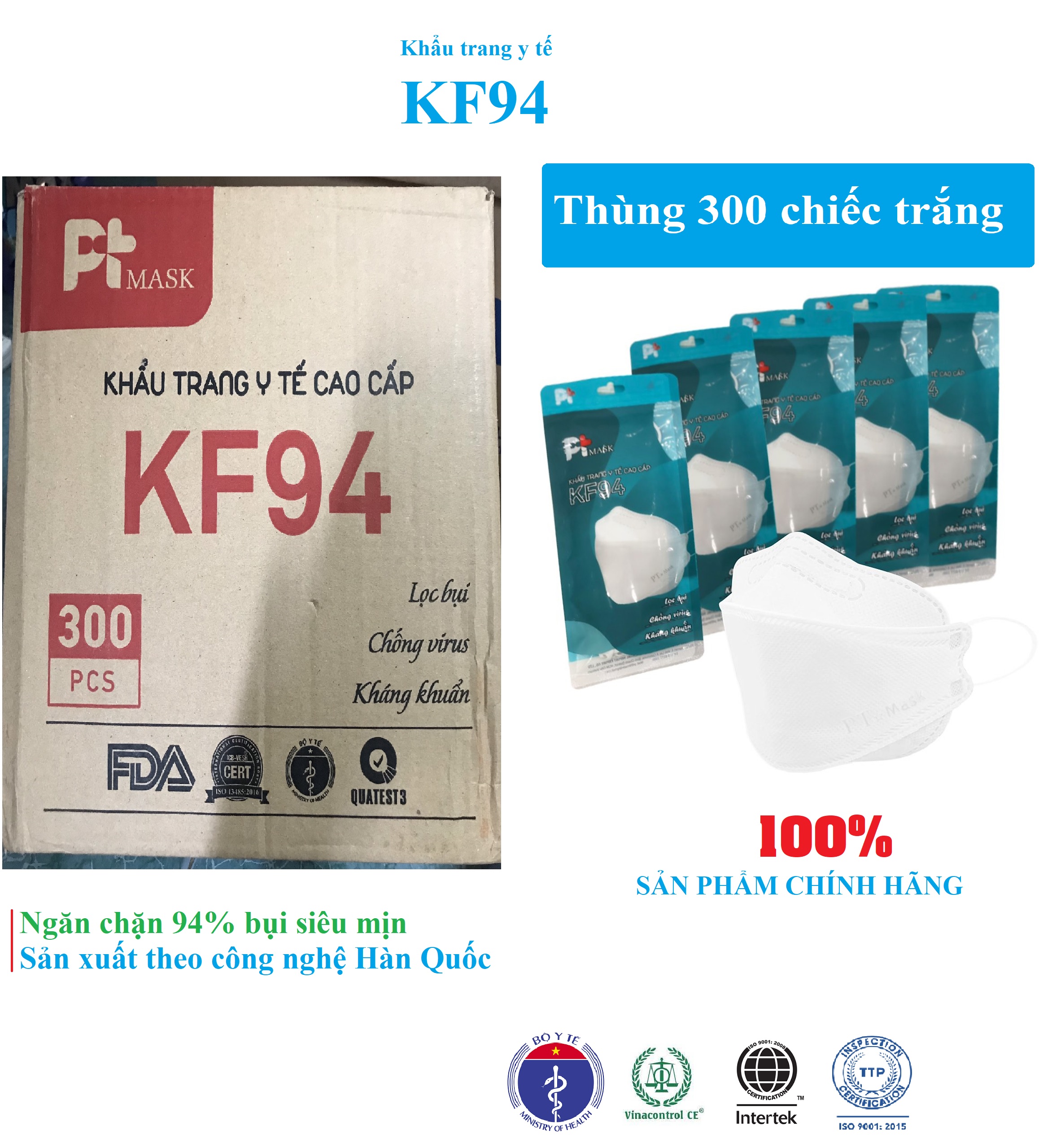Thùng 300 CÁI khẩu trang KF94 kháng khuẩn, chống bụi mịn, công nghệ 4D Hàn Quốc