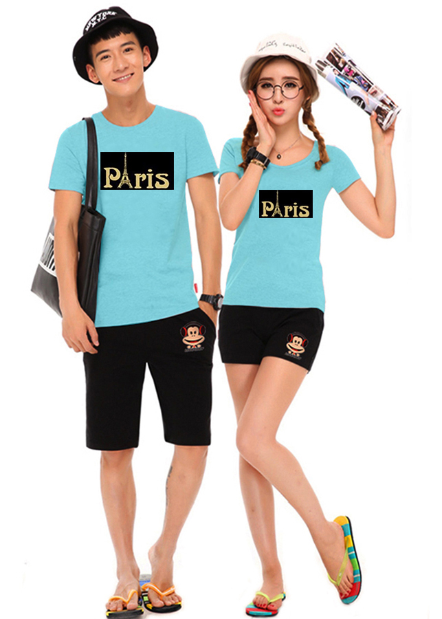 Bộ Áo Thun Đôi Paris - Màu Xanh Thiên Thanh