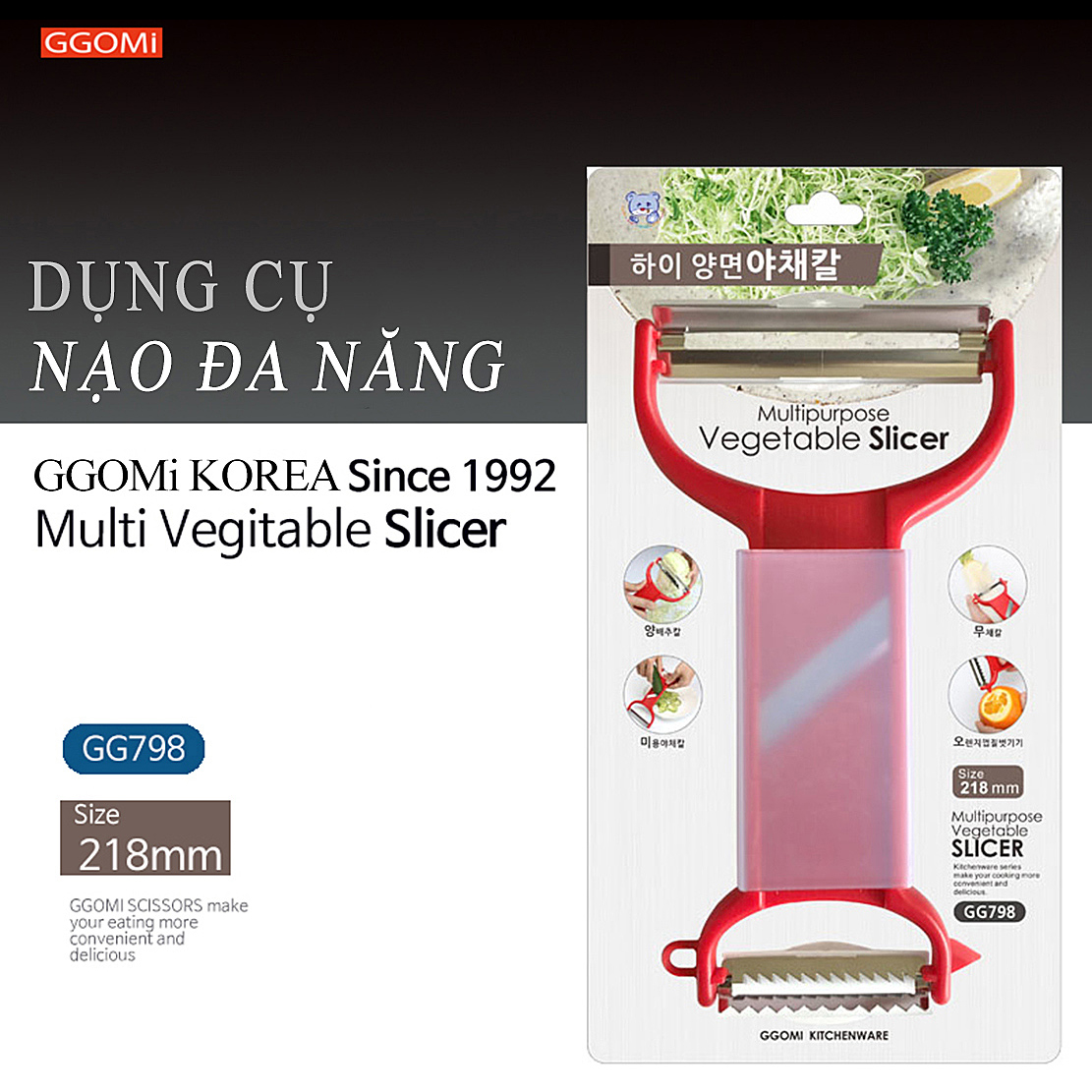 Bào, nạo đa năng dài 22cm, rộng 12cm,tay cầm bằng ABS, lưỡi bào bằng thép không gỉ GGOMi Hàn Quốc GG798