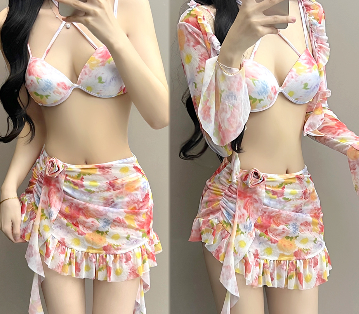 Bikini Hoa Hồng Set 4 Món - Áo Choàng - Váy Tua Rua - Quần Bơi - Áo Bơi Dáng Tiểu Thư BK003 MayHomes Đồ Bơi Nữ Nhiều Chi Tiết