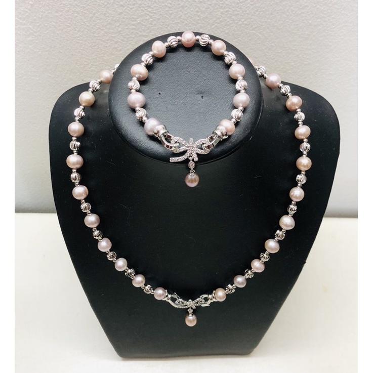 Bộ Trang Sức Ngọc Trai Nơ Hồng Size 8ly, Bộ Ngọc Trai Thật Nước Ngọt Sang Trọng - Trường Thịnh Ngọc Trai