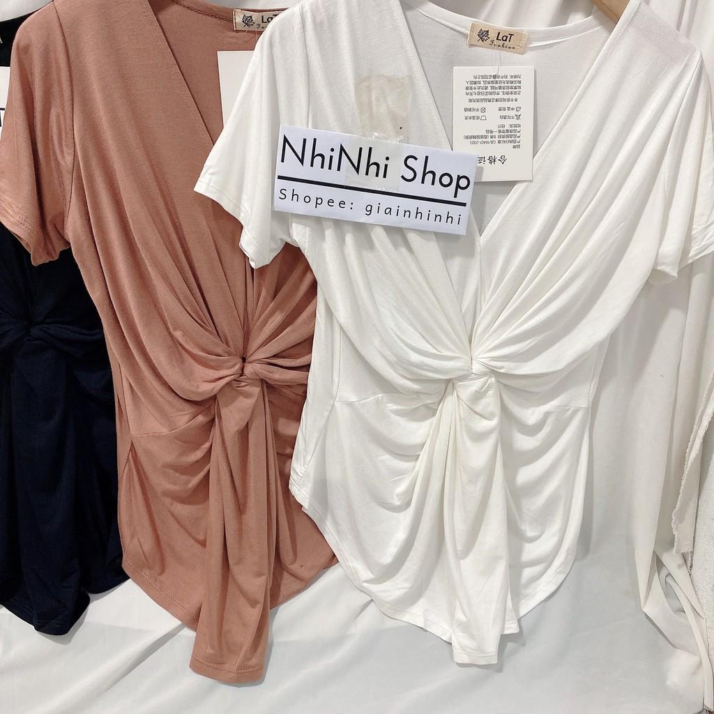 Áo thun dẻo rúm vạt giữa cổ tim ngắn tay, Áo kiểu thun lạnh co giãn AT1435 - NhiNhi Shop