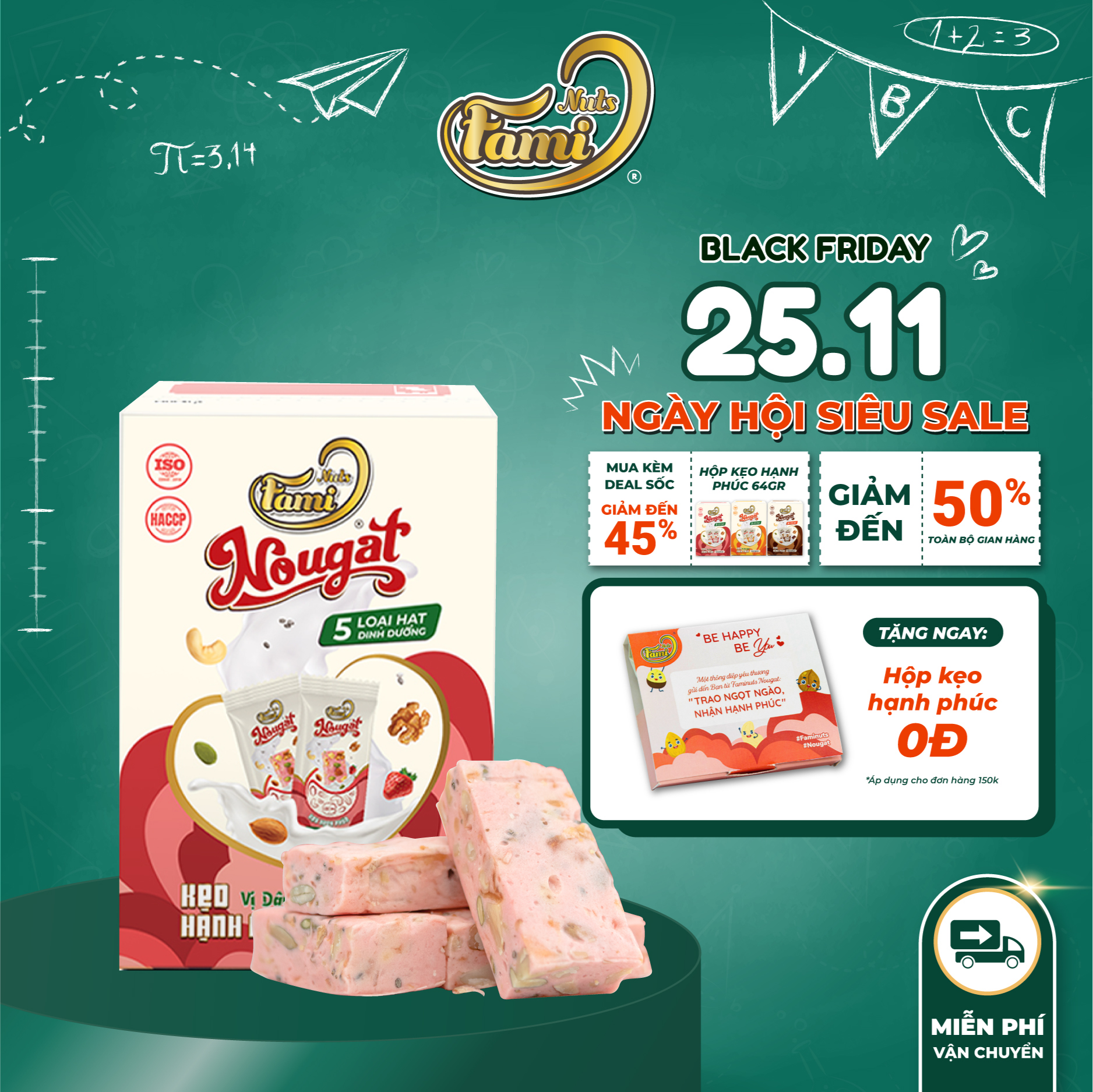 Kẹo Nougat Kẹo ít ngọt - FAMINUTS 5 Loại Hạt Vị Dâu Thơm Ngon